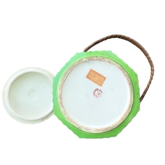 Vintage Japanese Hand-Painted Ceramic Jar with Lid & Handle – Green Pagoda Scene - Picture 7 of 14